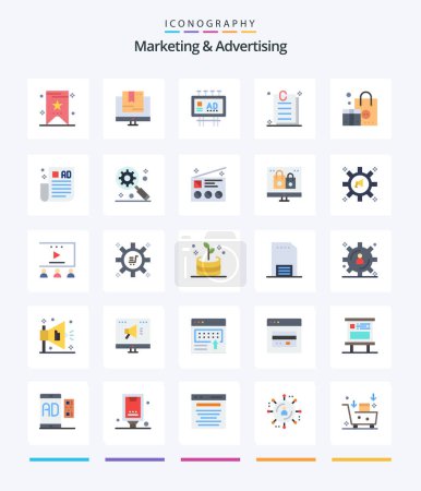 Téléchargez les illustrations : Creative Marketing And Advertising 25 Flat icon pack  Such As branding. paper. advertising. document. publicity - en licence libre de droit