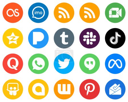 Illustration for 20 High-quality White Icons douyin. slack. video and tumblr Flat Circle Backgrounds - Royalty Free Image