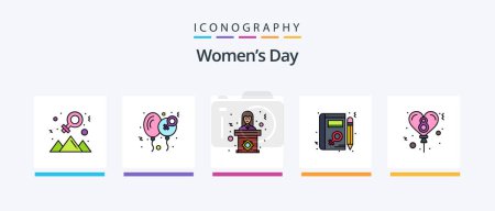 Téléchargez les illustrations : Womens Day Line Filled 5 Icon Pack Including day. balloon. communication. woman. flower. Creative Icons Design - en licence libre de droit