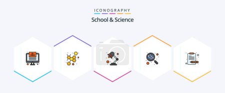 Illustration for School And Science 25 FilledLine icon pack including content. research. lamp. global research. discover - Royalty Free Image