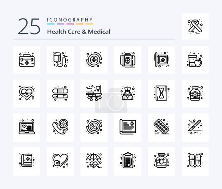 Téléchargez les illustrations : Health Care And Medical 25 Line icon pack including box. first. care. emergency. sign - en licence libre de droit