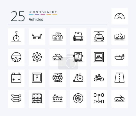 Téléchargez les illustrations : Vehicles 25 Line icon pack including steering. military. car. jeep. wash - en licence libre de droit
