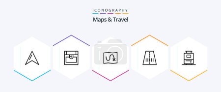 Ilustración de Mapas y Viajes 25 Paquete de iconos de línea incluyendo. .. objetivo. vacaciones. bolsa - Imagen libre de derechos
