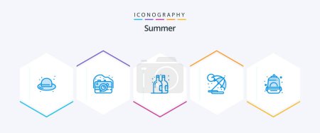 Illustration for Summer 25 Blue icon pack including mountain. backpack. beer. vacation. sun - Royalty Free Image