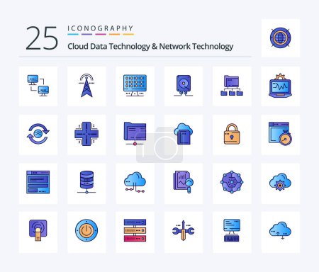 Ilustración de Tecnología de datos en la nube y tecnología de red Paquete de iconos llenos de 25 líneas, incluida la carpeta. computación. computación. audio. servidor - Imagen libre de derechos