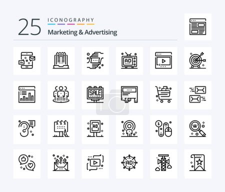 Téléchargez les illustrations : Marketing And Advertising 25 Line icon pack including media. ad. newsletter. shot. hands - en licence libre de droit