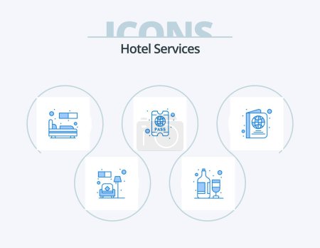 Téléchargez les illustrations : Services de l'hôtel Blue Icon Pack 5 Icon Design. Voyage. passeport. Au lit. billet. hôtel - en licence libre de droit