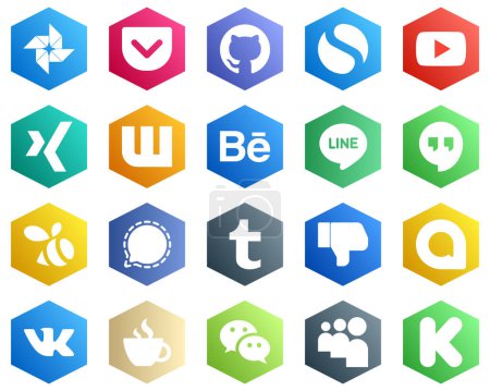Illustration for 25 High-quality White Icons such as facebook. tumblr. behance and signal icons. Hexagon Flat Color Backgrounds - Royalty Free Image