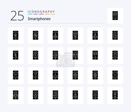 Téléchargez les illustrations : Smartphones 25 Solid Glyph icône pack y compris l'appel. message. technologie. De la camelote. sécurité - en licence libre de droit