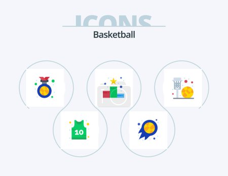 Téléchargez les illustrations : Basketball Flat Icon Pack 5 Icône Design. panier. classement. Mieux. position étoile. réalisation - en licence libre de droit