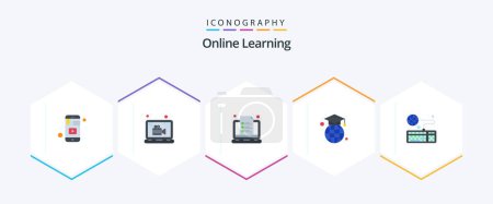 Illustration for Online Learning 25 Flat icon pack including globe. education. lesson. graduation cap. note - Royalty Free Image