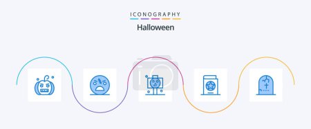 Téléchargez les illustrations : Pack de 5 icônes bleu Halloween incluant la sorcière. halloween. zombie. costume. crâne - en licence libre de droit