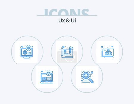 Téléchargez les illustrations : Ux et Ui Blue Icon Pack 5 Icon Design. site. Un wireframe. configuration. facilité d'utilisation. développement - en licence libre de droit
