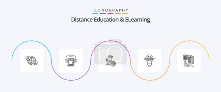 Téléchargez les illustrations : Distance Education And Elearning Line 5 Icon Pack Including light. globe. book. pen. scholar - en licence libre de droit