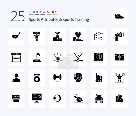 Téléchargez les illustrations : Sports Atributes And Sports Training 25 Solid Glyph icon pack including tactic. move. supporter. game. cup - en licence libre de droit