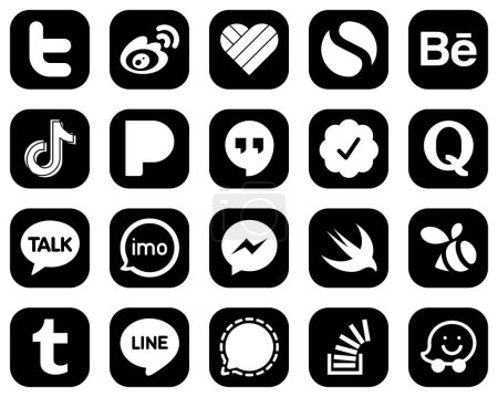 Illustration for 20 Modern White Social Media Icons on Black Background such as quora. google hangouts. behance. pandora and china icons. High-quality and modern - Royalty Free Image