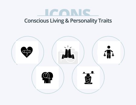 Téléchargez les illustrations : Concious Living And Personality Traits Glyph Icon Pack 5 Icône Design. Défoncé. Cinq. pleine conscience. Mieux. coeur - en licence libre de droit