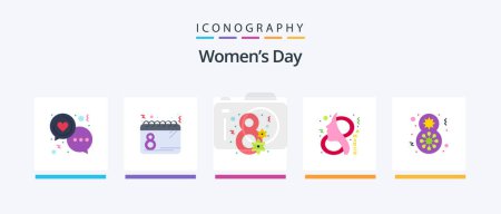 Téléchargez les illustrations : Womens Day Flat Pack de 5 icônes y compris le symbole. Huit. les femmes. Oui. cadeau. Icônes créatives Design - en licence libre de droit