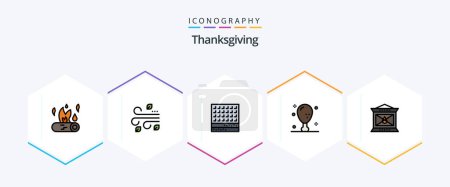 Téléchargez les illustrations : Pack icône Thanksgiving 25 FilledLine avec jambe. la nourriture. vent. le dîner. Action de grâces - en licence libre de droit
