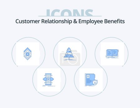 Téléchargez les illustrations : Customer Relationship And Employee Benefits Blue Icon Pack 5 Icon Design. book. christmas. health. forest. server - en licence libre de droit