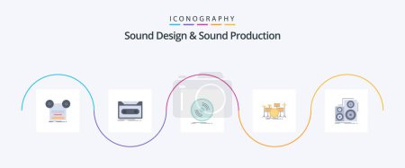 Illustration for Sound Design And Sound Production Flat 5 Icon Pack Including instrument. drum. tape. vinyl. phonograph - Royalty Free Image