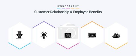 Ilustración de Customer Relationship And Employee Benefits 25 Glyph icon pack including food. transfer. touch here. fund. presentation - Imagen libre de derechos
