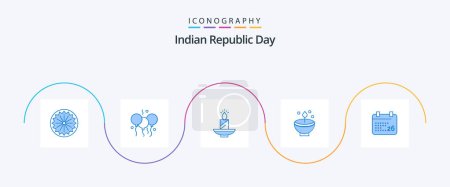 Téléchargez les illustrations : Pack de 5 icônes bleu Jour de la République indienne Y compris deepavali. célébrer. bougie. cire. lampe - en licence libre de droit