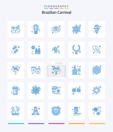 Téléchargez les illustrations : Carnaval brésilien créatif 25 Pack icône bleue telle que gaufre. Glace. carnaval. crème. fleur - en licence libre de droit