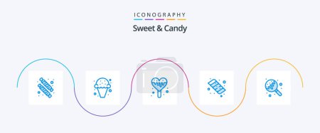 Téléchargez les illustrations : Sweet And Candy Blue Pack de 5 icônes comprenant des bonbons. Sucette. crème glacée. Des bonbons. bonbons - en licence libre de droit
