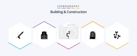 Téléchargez les illustrations : Building And Construction 25 Glyph icon pack including dormitory. building. construction. well. tool - en licence libre de droit