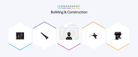 Téléchargez les illustrations : Building And Construction 25 Glyph icon pack including paint. supervisor. bade. engineer. industry - en licence libre de droit