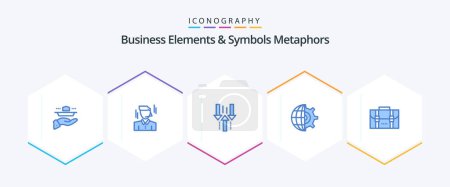Illustration for Business Elements And Symbols Metaphors 25 Blue icon pack including business. globe. man. gear. upload - Royalty Free Image