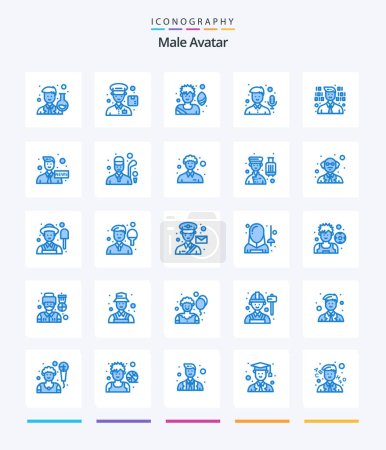 Téléchargez les illustrations : Pack d'icônes Creative Male Avatar 25 Bleu tel que l'ancre. programmeur. développement du football. microphone - en licence libre de droit