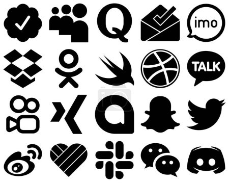 Illustration for 20 High-Definition Black Solid Icon Set such as snapchat. xing. kuaishou and dribbble icons. Minimalist and high-resolution - Royalty Free Image