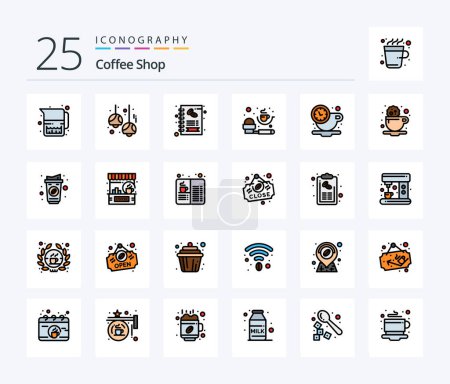 Téléchargez les illustrations : Coffee Shop 25 Line Filled icon pack including break. measuring spoon. lights. measurement. shop - en licence libre de droit