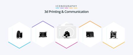 Illustration for 3d Printing And Communication 25 Glyph icon pack including processing. file. sync. power. energy - Royalty Free Image