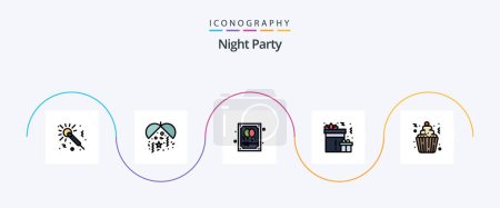 Téléchargez les illustrations : Night Party Line rempli plat pack de 5 icônes, y compris le cupcake. gâteau. ballon. fête. célébration - en licence libre de droit