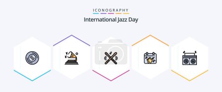 Ilustración de Día Internacional del Jazz 25 FilledLine icono del paquete incluyendo jugador. saxofón. tambor. Juega. calendario - Imagen libre de derechos