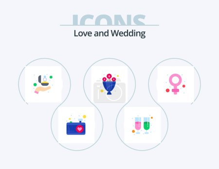 Téléchargez les illustrations : Icône plate de mariage Pack 5 Icône Design. Une femme. femelle. amour. présent. bouquet - en licence libre de droit