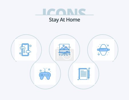 Illustration for Stay At Home Blue Icon Pack 5 Icon Design. kitchen. painting. editing. drawing. chat - Royalty Free Image
