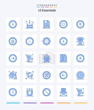 Téléchargez les illustrations : Creative Ui Essentials 25 Pack icône bleue telle que la connexion. tampon. ui. sauver. disquette - en licence libre de droit