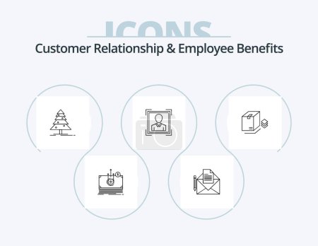 Téléchargez les illustrations : Customer Relationship And Employee Benefits Line Icon Pack 5 Icon Design. book. packing. coffee. surprize. logo - en licence libre de droit