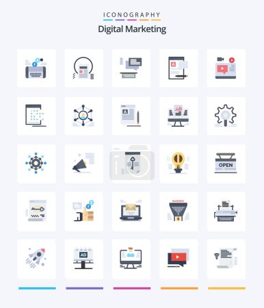 Téléchargez les illustrations : Creative Digital Marketing 25 Pack d'icônes plates telles que le web. nouvelles. nouvelles. document. chating - en licence libre de droit