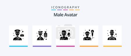 Téléchargez les illustrations : Pack d'icônes Avatar Glyphe 5 Homme incluant détective. chanteur. Professionnel. Mec. jeu. Icônes créatives Design - en licence libre de droit