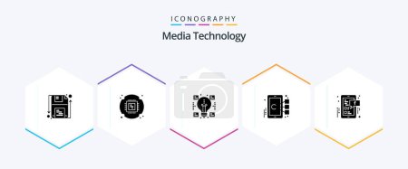 Téléchargez les illustrations : Technologie des médias 25 Glyphe icône pack y compris social. Cible. créatif. mobile. cellule - en licence libre de droit