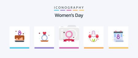 Téléchargez les illustrations : Womens Day Flat Pack de 5 icônes incluant le jour. Belle journée. les femmes. Heureux. féministe. Icônes créatives Design - en licence libre de droit