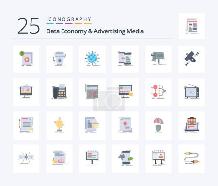 Illustration for Data Economy And Advertising Media 25 Flat Color icon pack including mobile. data. cup. worldwide. arrow - Royalty Free Image