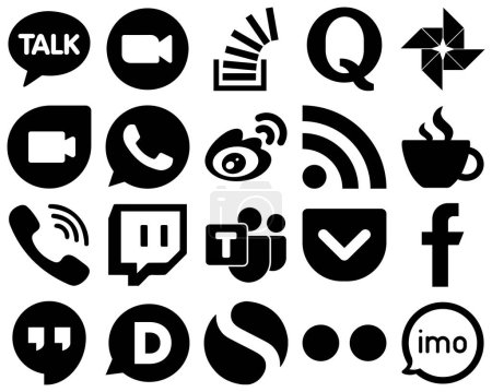 Illustration for 20 Innovative Black Solid Icon Set such as sina. overflow. weibo and google duo icons. Professional and high-definition - Royalty Free Image