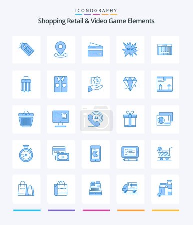Ilustración de Creative Shoping Retail And Video Game Elements 25 Blue icon pack  Such As barcode. new. card. tag . ecommerce - Imagen libre de derechos