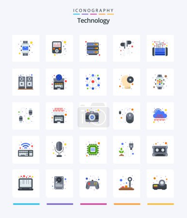 Téléchargez les illustrations : Technologie créative 25 Pack d'icônes plates tel que le processeur. mobile. serveur. circuit. musique - en licence libre de droit